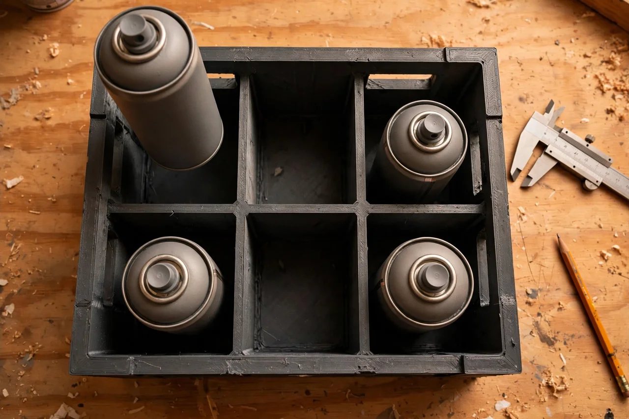 Close-up top-down view of a matte charcoal-gray 3D printed spray can bench crate being test-fitted with spray paint cans on a workbench, calipers and a pencil nearby, warm workshop lighting