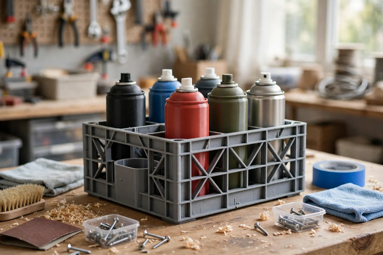 View of the finished 3D printed spray can bench crate in use during a home repair tidy-up on a workbench, tidy workshop background in soft focus, bright natural light