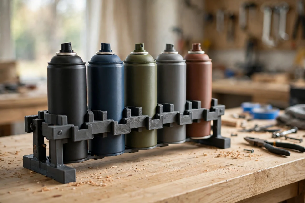 Home workshop scene on a light oak workbench, a matte charcoal-gray 3D printed spray can storage rack clips holding spray cans held upright on a rack rail, soft natural window light, shallow depth of field