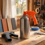 A bright home workshop scene with a bright-orange 3D printed spray can trigger handle clipped onto the top rim of a standard spray paint can