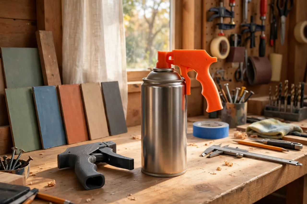 A bright home workshop scene with a bright-orange 3D printed spray can trigger handle clipped onto the top rim of a standard spray paint can