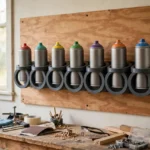 A bright home workshop wall with a row of spray paint cans standing upright in matte charcoal-gray 3D printed wall rack rings mounted on a plywood