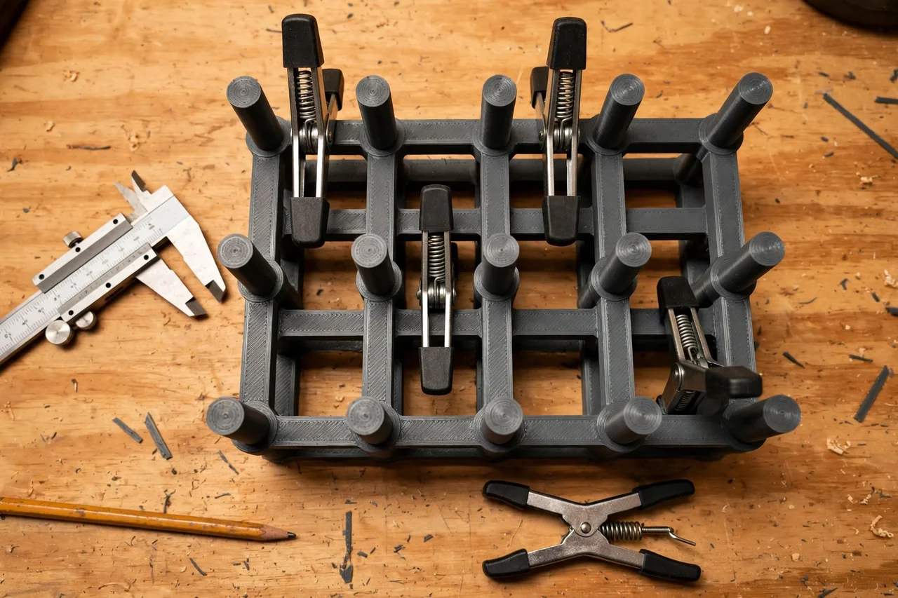 Close-up top-down view of a matte charcoal-gray 3D printed spring clamp bench rack being test-fitted with spring clamps on a workbench, calipers and a pencil nearby, warm workshop lighting