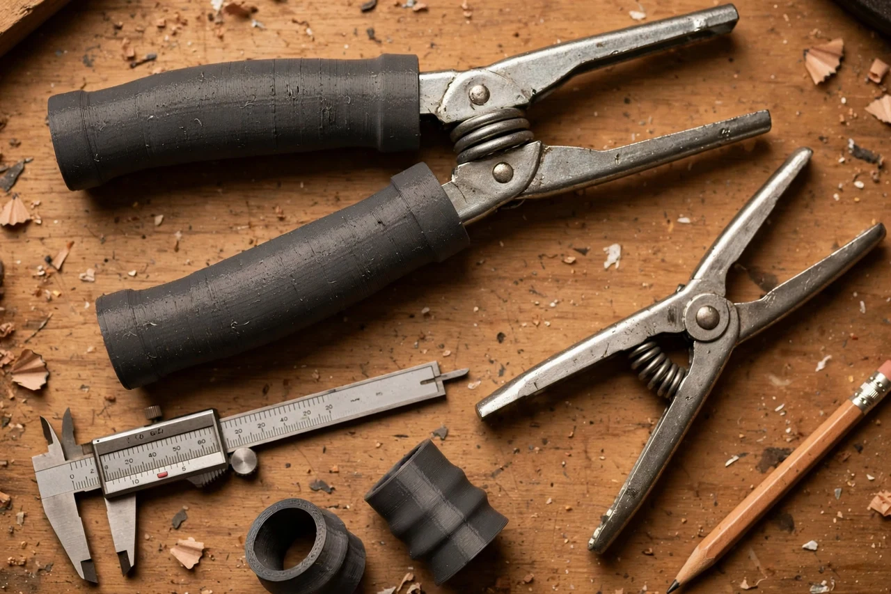Close-up top-down view of a matte charcoal-gray 3D printed spring clamp grip sleeves being test-fitted against spring clamps whose bare steel handles pinch and slip on a workbench, calipers and a pencil nearby, warm workshop lighting
