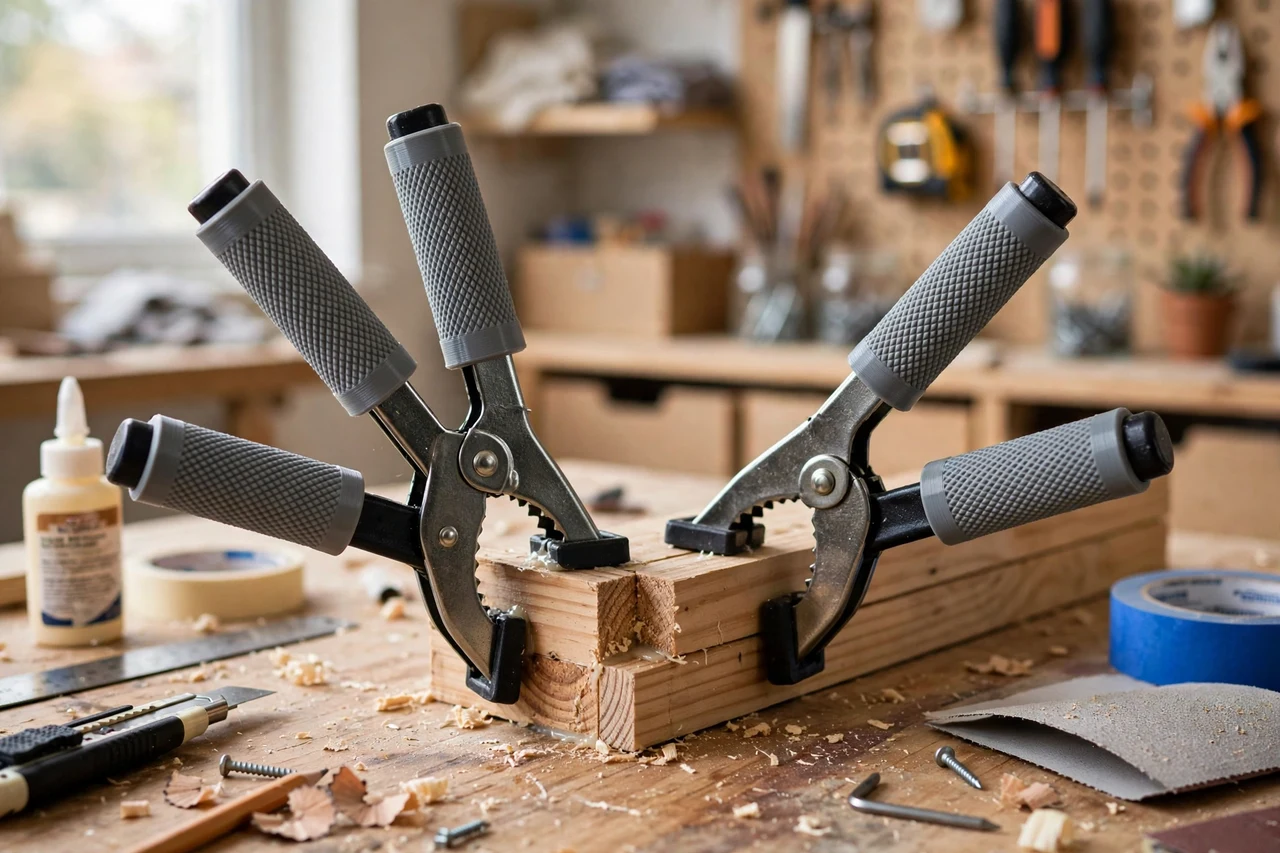 View of the finished 3D printed spring clamp grip sleeves in use on a home repair project on a workbench, tidy workshop background in soft focus, bright natural light