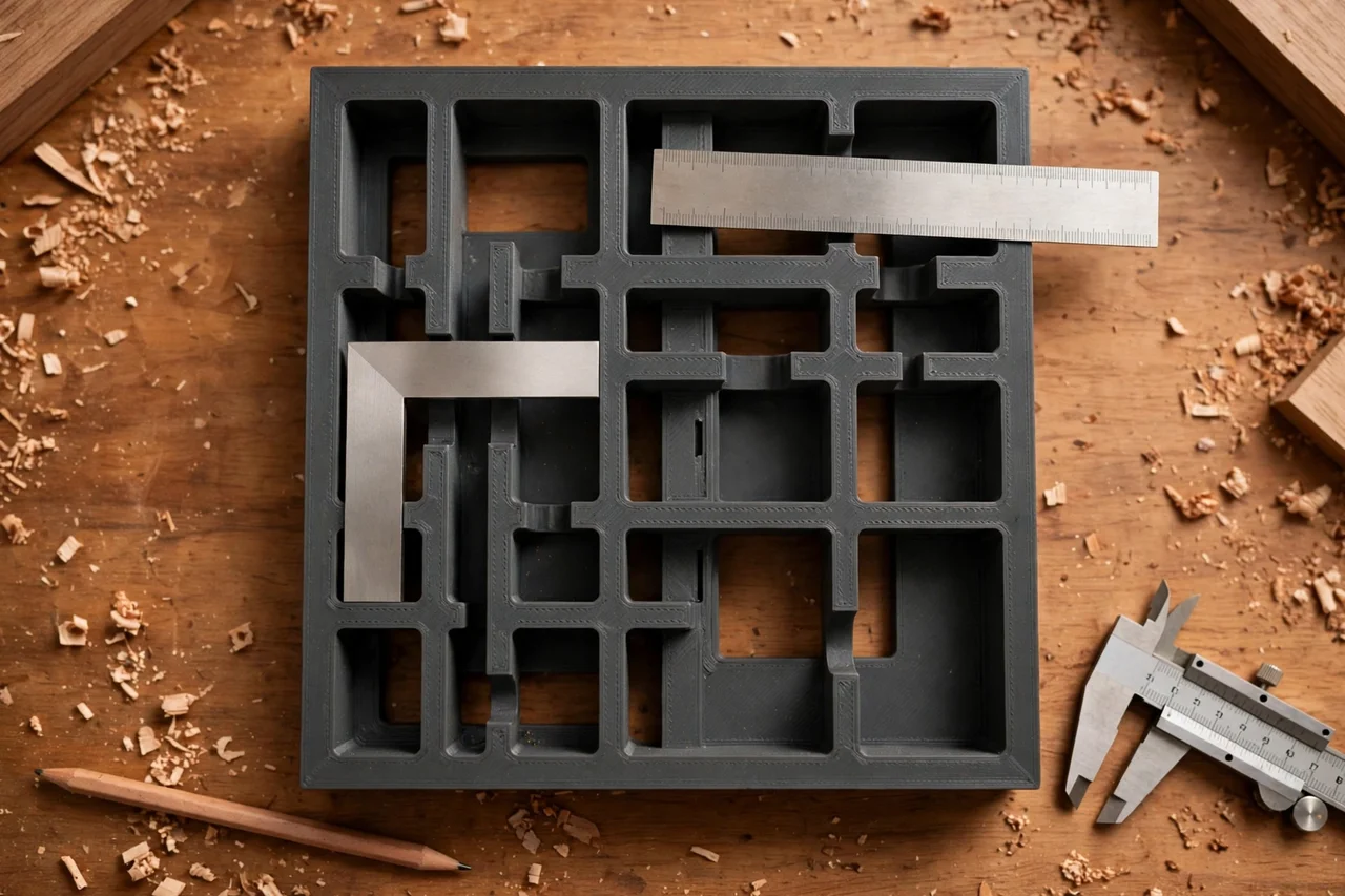 Close-up top-down view of a matte charcoal-gray 3D printed square and ruler wall rack being test-fitted with squares and rulers on a workbench, calipers and a pencil nearby, warm workshop lighting