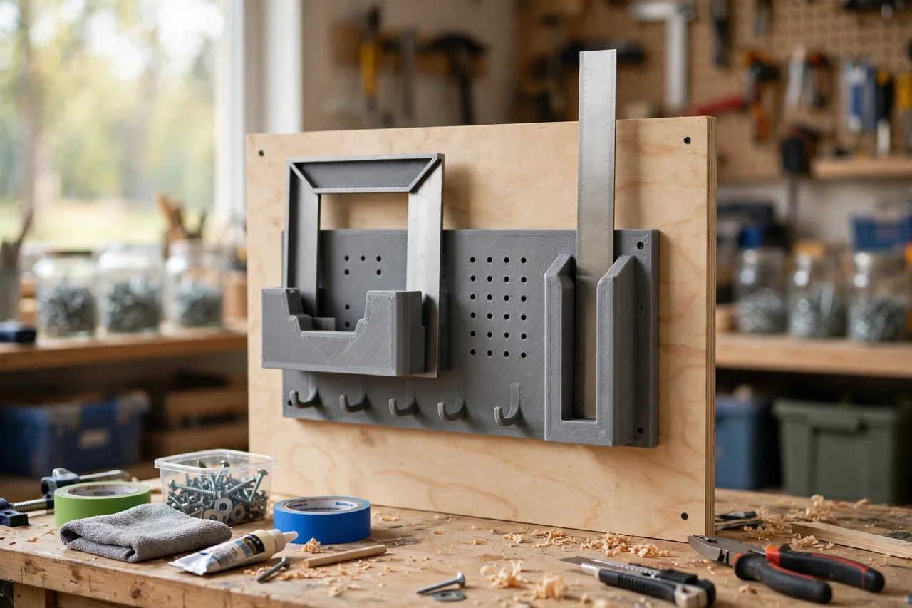 View of the finished 3D printed square and ruler wall rack in use during a home repair tidy-up on a workbench, tidy workshop background in soft focus, bright natural light