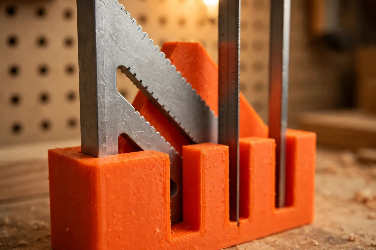 Close-up view of a bright-orange 3D printed square rack slot cradling the thick fence edge of a speed square