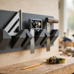 A bright home workshop scene, a matte charcoal-gray 3D printed square rack on a wall holding a triangular speed square