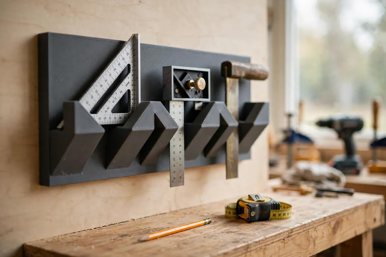 A bright home workshop scene, a matte charcoal-gray 3D printed square rack on a wall holding a triangular speed square