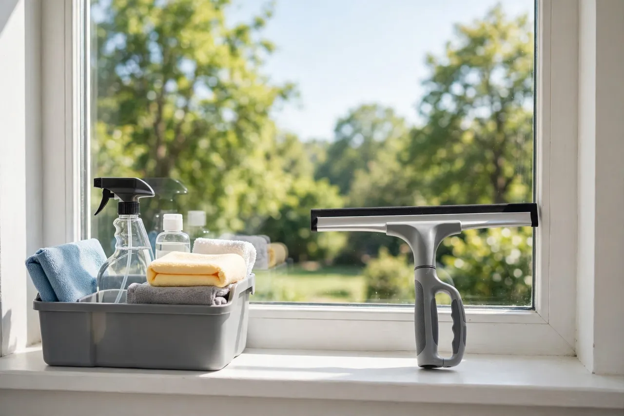 A streak-free window with a squeegee and adapted handle resting against the sill below, cleaning supplies tidied nearby, bright clean light