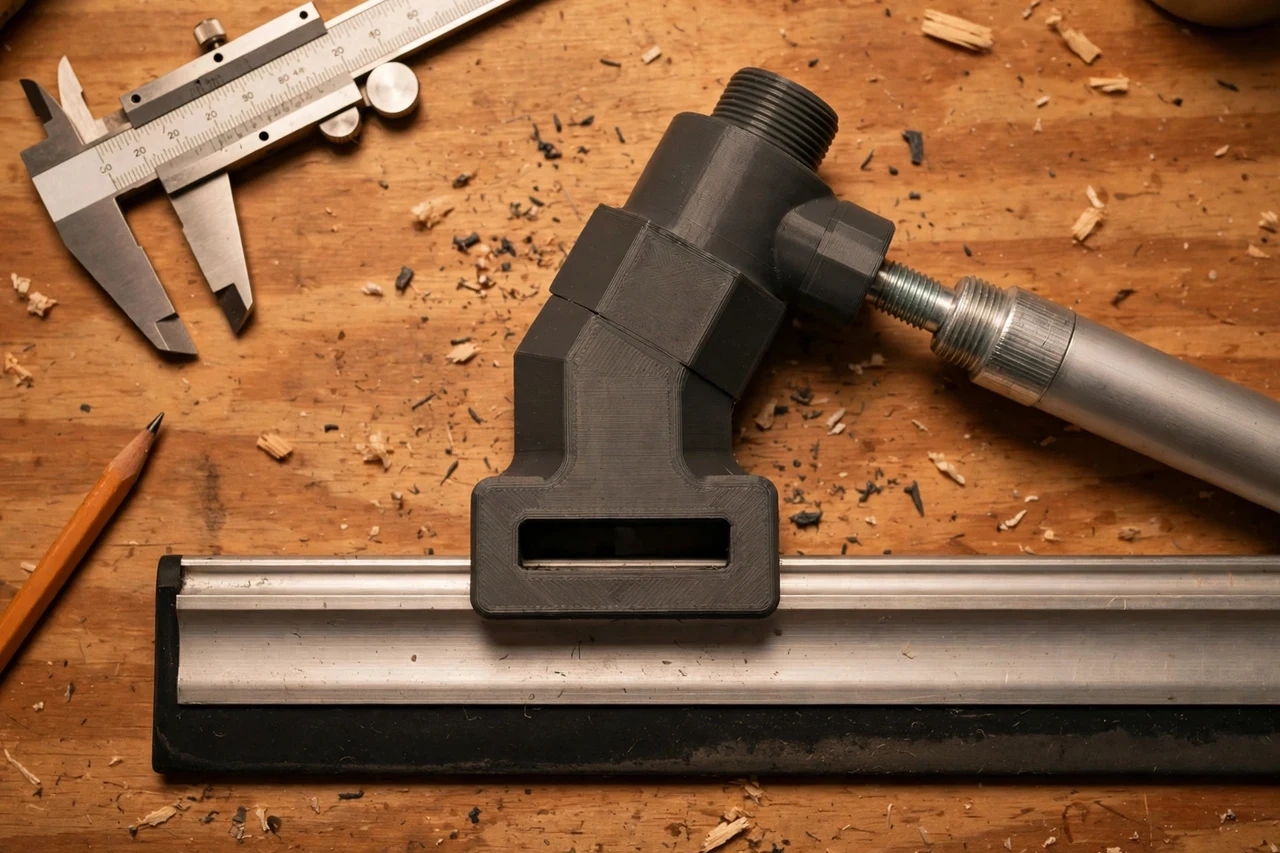 Close-up top-down view of a matte charcoal-gray 3D printed squeegee to extension pole adapter being test-fitted against a window squeegee and an extension pole on a workbench, calipers and a pencil nearby, warm workshop lighting