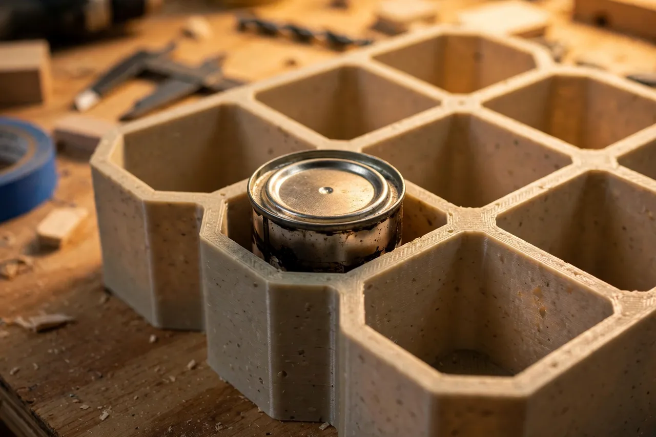 Close-up view of a 3D printed stain can rack with a small stain can sitting upright in a bay, its lid clearly visible, warm workshop lighting