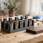 A bright home workshop scene on a light oak workbench