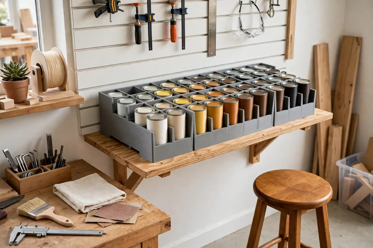 A workshop shelf with a 3D printed stain can rack holding stain cans sorted by color family, a finished wooden stool nearby