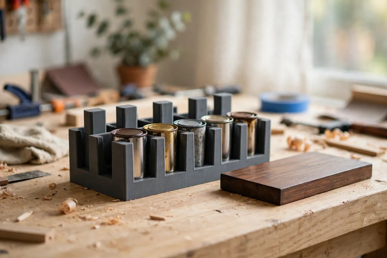 A bright home workshop scene on a light oak workbench