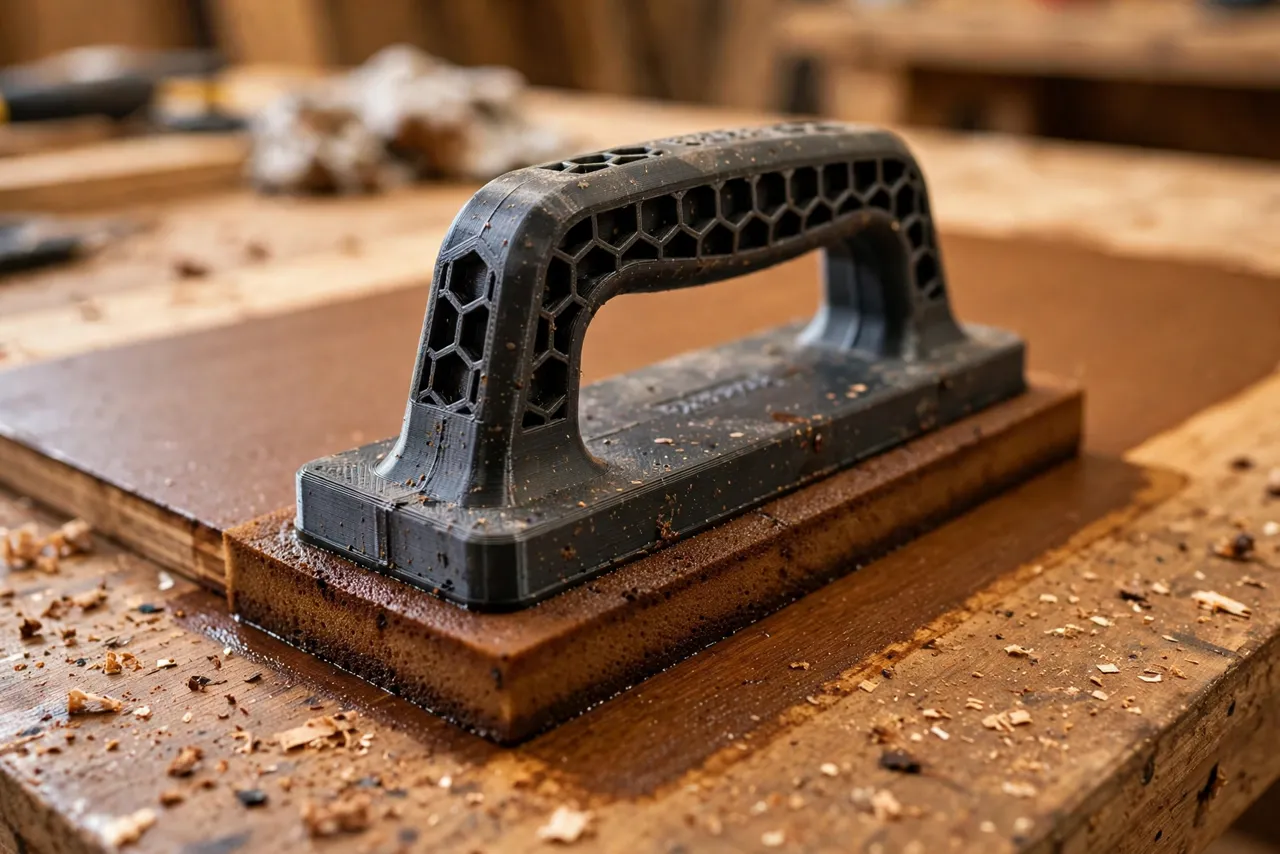 Close-up of a 3D printed stain pad handle pressing a stain pad flat along a wooden board on a workbench
