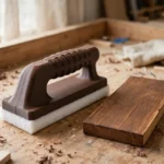 A bright workshop bench with a matte walnut-brown 3D printed stain pad applicator handle holding a white stain pad