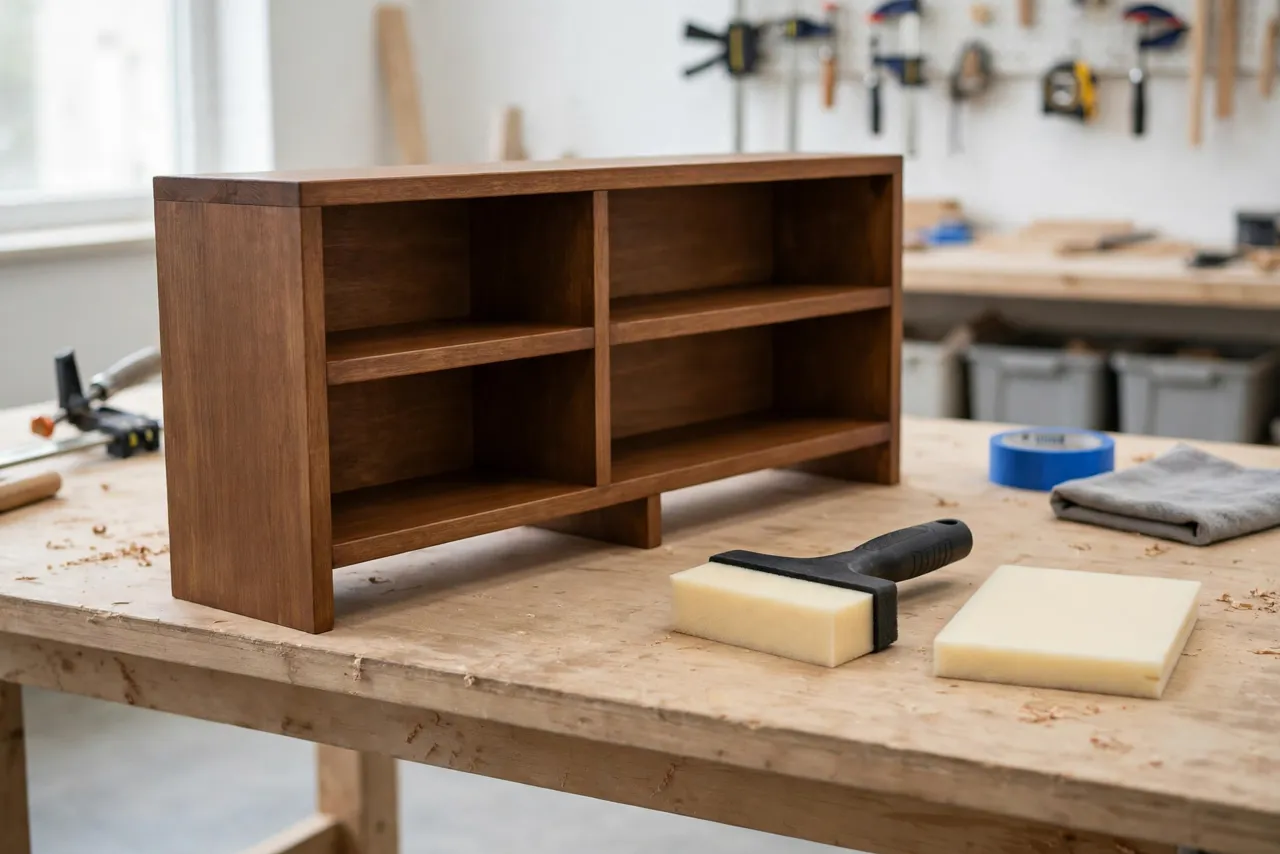A finished wooden shelf with an even stain finish, the printed stain pad handle and a clean pad resting beside it on the bench