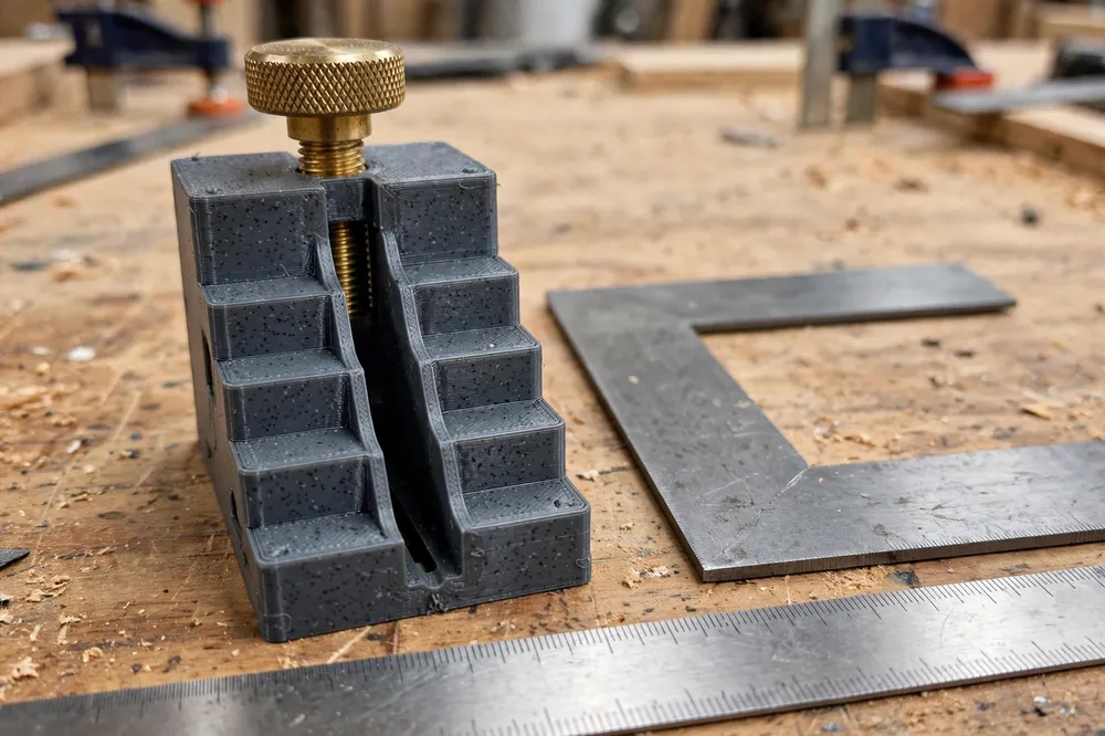 Close-up of a single 3D printed stair gauge on a workbench showing its slotted body, knurled thumb knob and brass threaded insert
