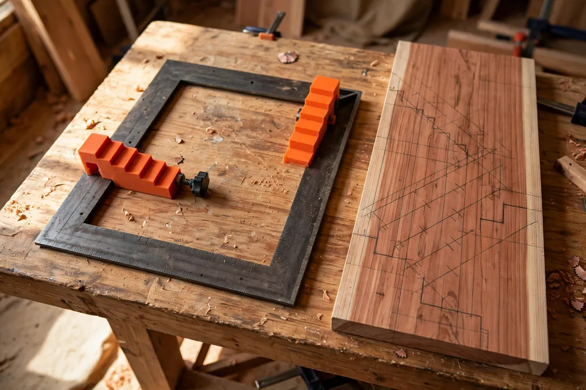 A bright workshop bench with a steel framing square lying flat, two matte orange 3D printed stair gauges clamped along its edges