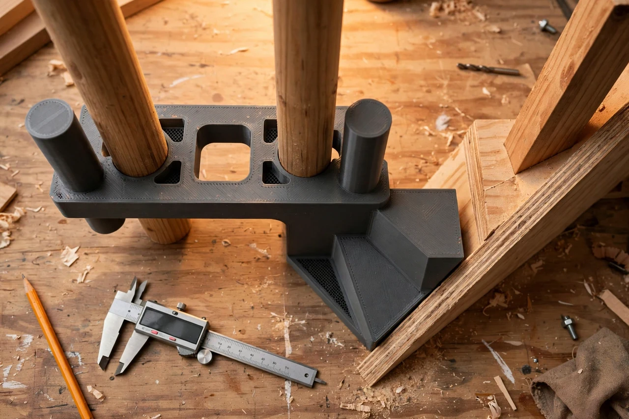 Close-up top-down view of a matte charcoal-gray 3D printed stair handrail post spacing gauge being test-fitted against handrail posts and stair slopes on a workbench, calipers and a pencil nearby, warm workshop lighting