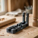 Home workshop scene on a light oak workbench, a matte charcoal-gray 3D printed stair handrail post spacing gauge beside a handrail post and a handrail section, soft natural window light, shallow depth of field