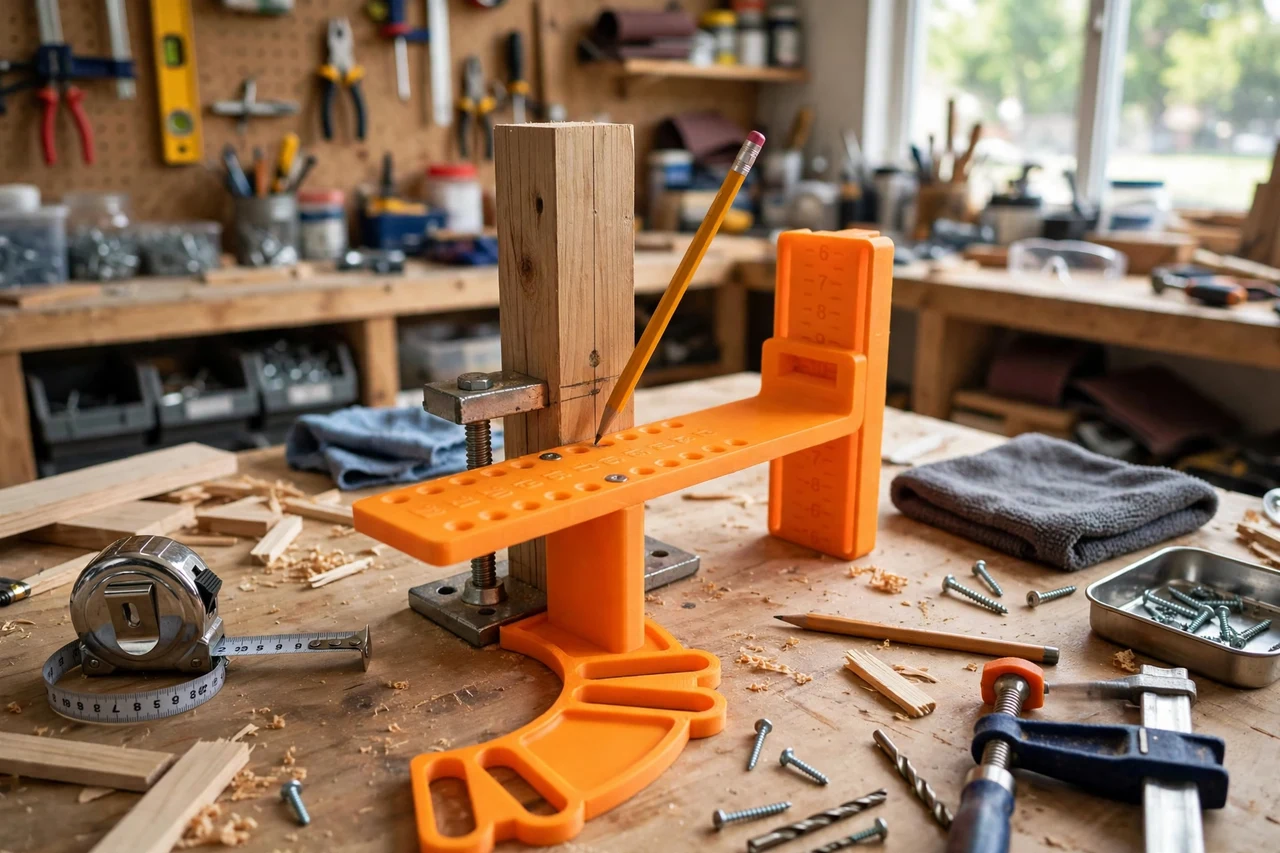 View of the finished 3D printed stair handrail post spacing gauge in use on a home repair project on a workbench, tidy workshop background in soft focus, bright natural light