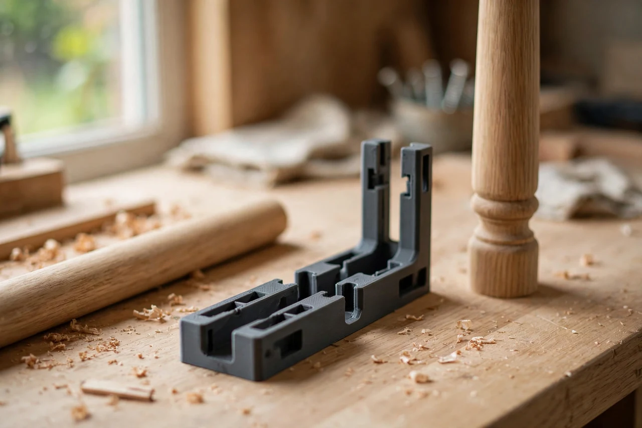 Home workshop scene on a light oak workbench, a matte charcoal-gray 3D printed stair handrail post spacing gauge beside a handrail post and a handrail section, soft natural window light, shallow depth of field