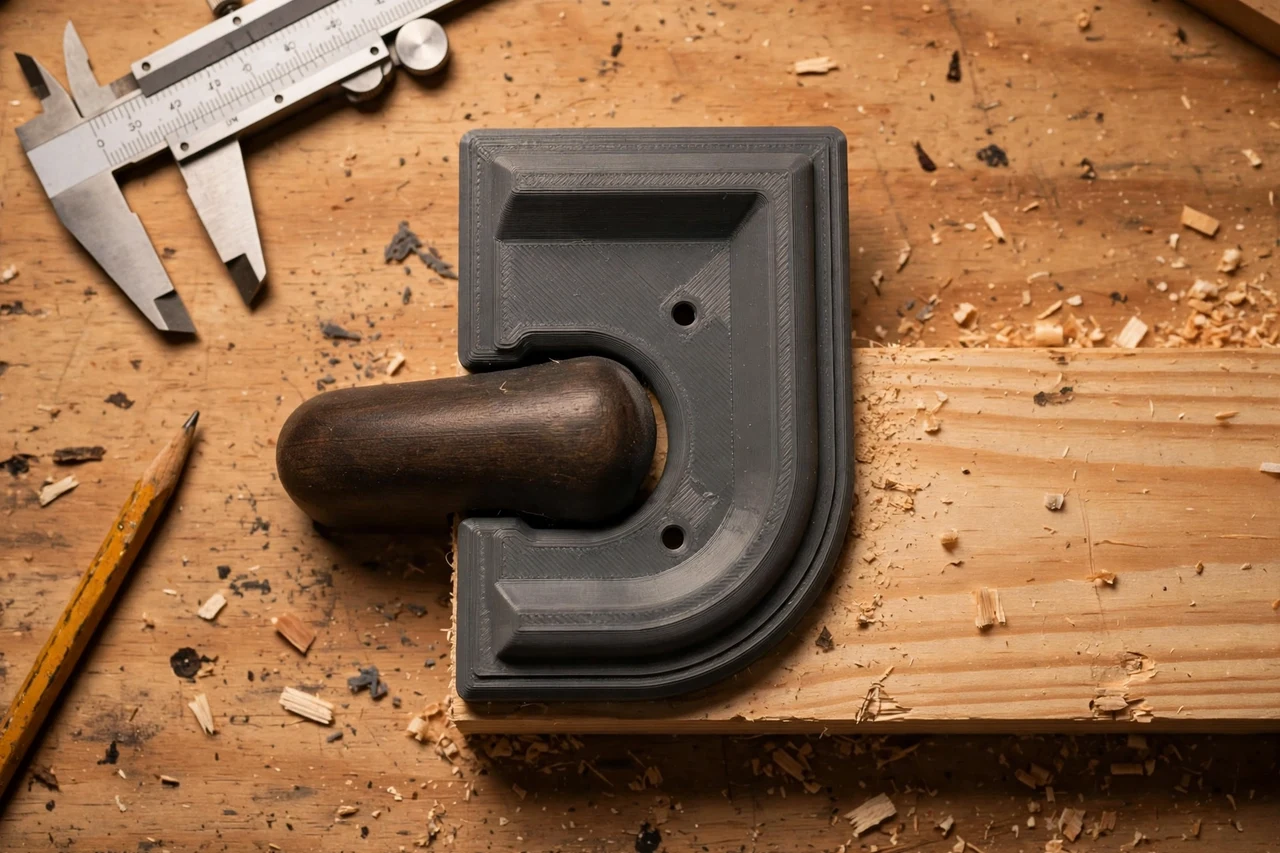 Close-up top-down view of a matte charcoal-gray 3D printed stair nosing measurement gauge being test-fitted against stair nosing and a tread board on a workbench, calipers and a pencil nearby, warm workshop lighting
