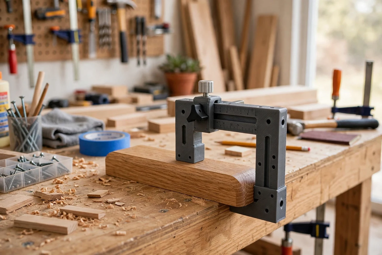View of the finished 3D printed stair nosing measurement gauge in use on a home improvement project on a workbench, tidy workshop background in soft focus, bright natural light