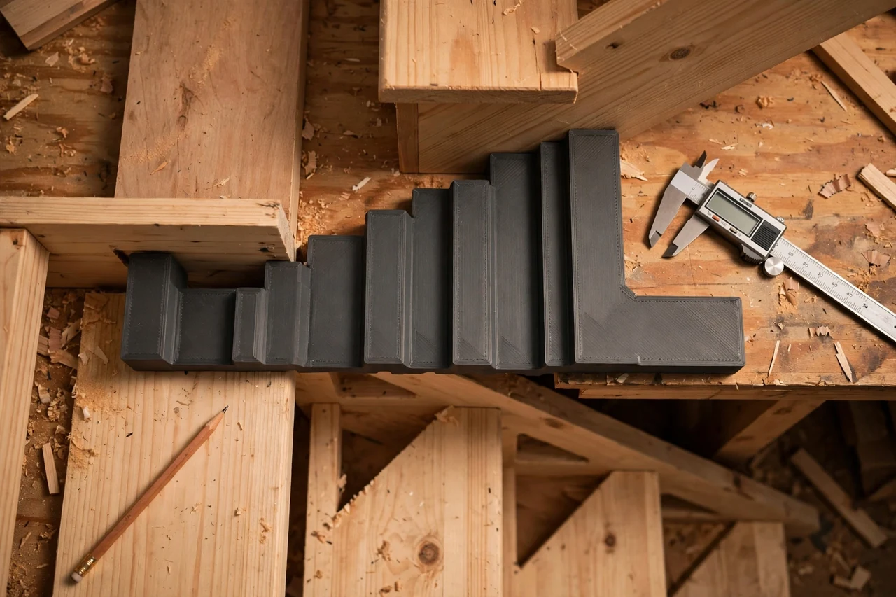 Close-up top-down view of a matte charcoal-gray 3D printed stair riser height gauge being test-fitted against stair risers and stringers on a workbench, calipers and a pencil nearby, warm workshop lighting