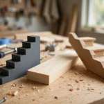 Home workshop scene on a light oak workbench, a matte charcoal-gray 3D printed stair riser height gauge beside a stair riser and a stringer section, soft natural window light, shallow depth of field