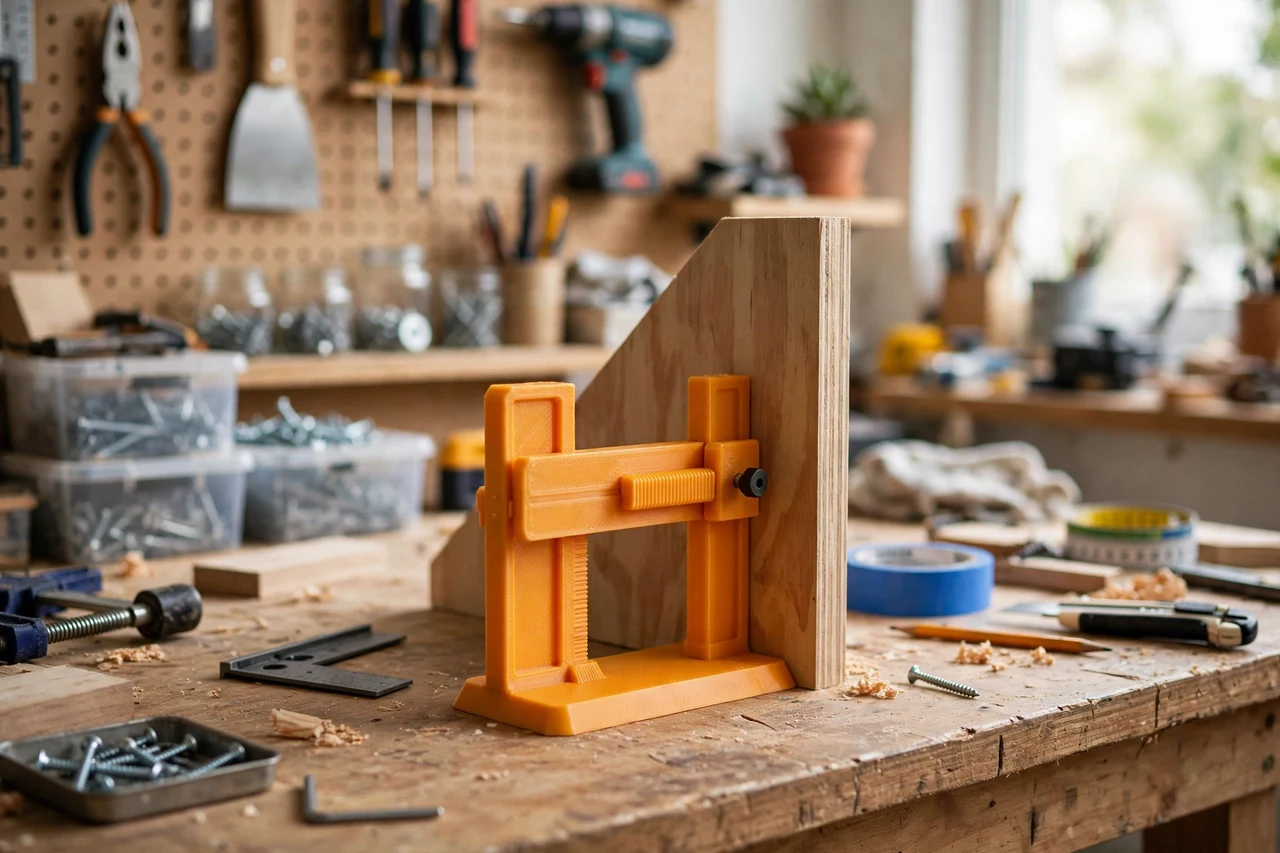 View of the finished 3D printed stair riser height gauge in use on a home repair project on a workbench, tidy workshop background in soft focus, bright natural light