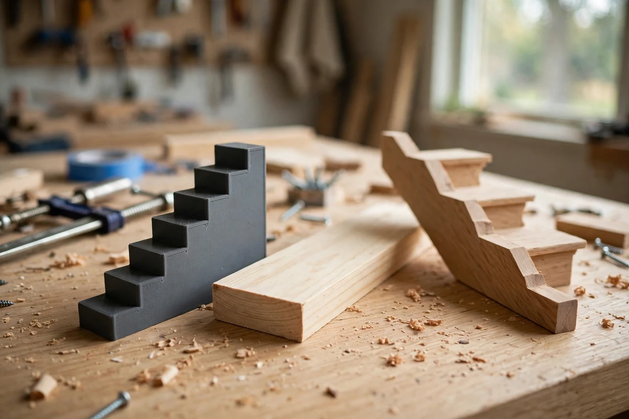 Home workshop scene on a light oak workbench, a matte charcoal-gray 3D printed stair riser height gauge beside a stair riser and a stringer section, soft natural window light, shallow depth of field
