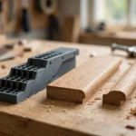 Home workshop scene on a light oak workbench, a matte charcoal-gray 3D printed stair tread nosing alignment gauge beside a stair tread and a nosing edge, soft natural window light, shallow depth of field