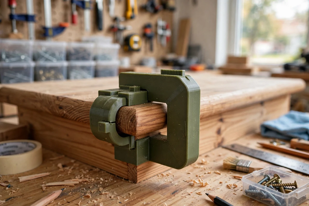 View of the finished 3D printed stair tread nosing alignment gauge in use on a home repair project on a workbench, tidy workshop background in soft focus, bright natural light