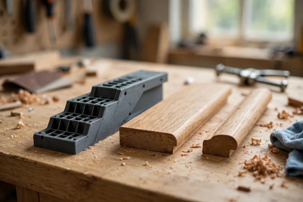 Home workshop scene on a light oak workbench, a matte charcoal-gray 3D printed stair tread nosing alignment gauge beside a stair tread and a nosing edge, soft natural window light, shallow depth of field