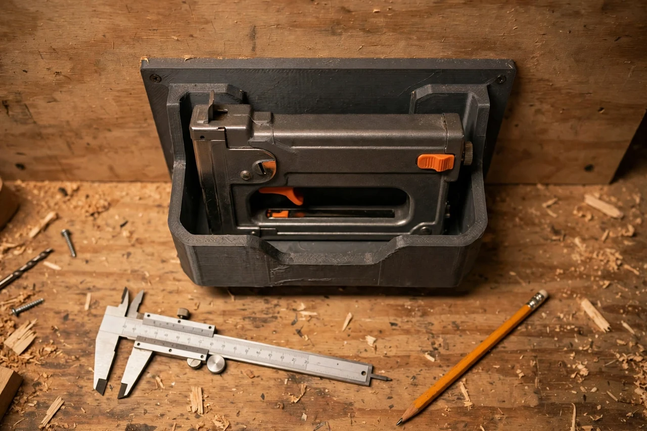 Close-up top-down view of a matte charcoal-gray 3D printed staple gun wall dock being test-fitted against a staple gun parked on the workshop wall on a workbench, calipers and a pencil nearby, warm workshop lighting