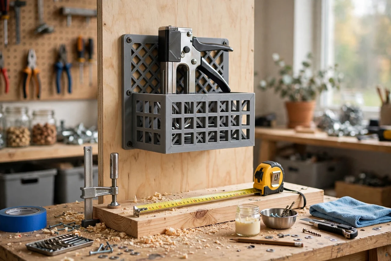 View of the finished 3D printed staple gun wall dock in use on a home repair project on a workbench, tidy workshop background in soft focus, bright natural light