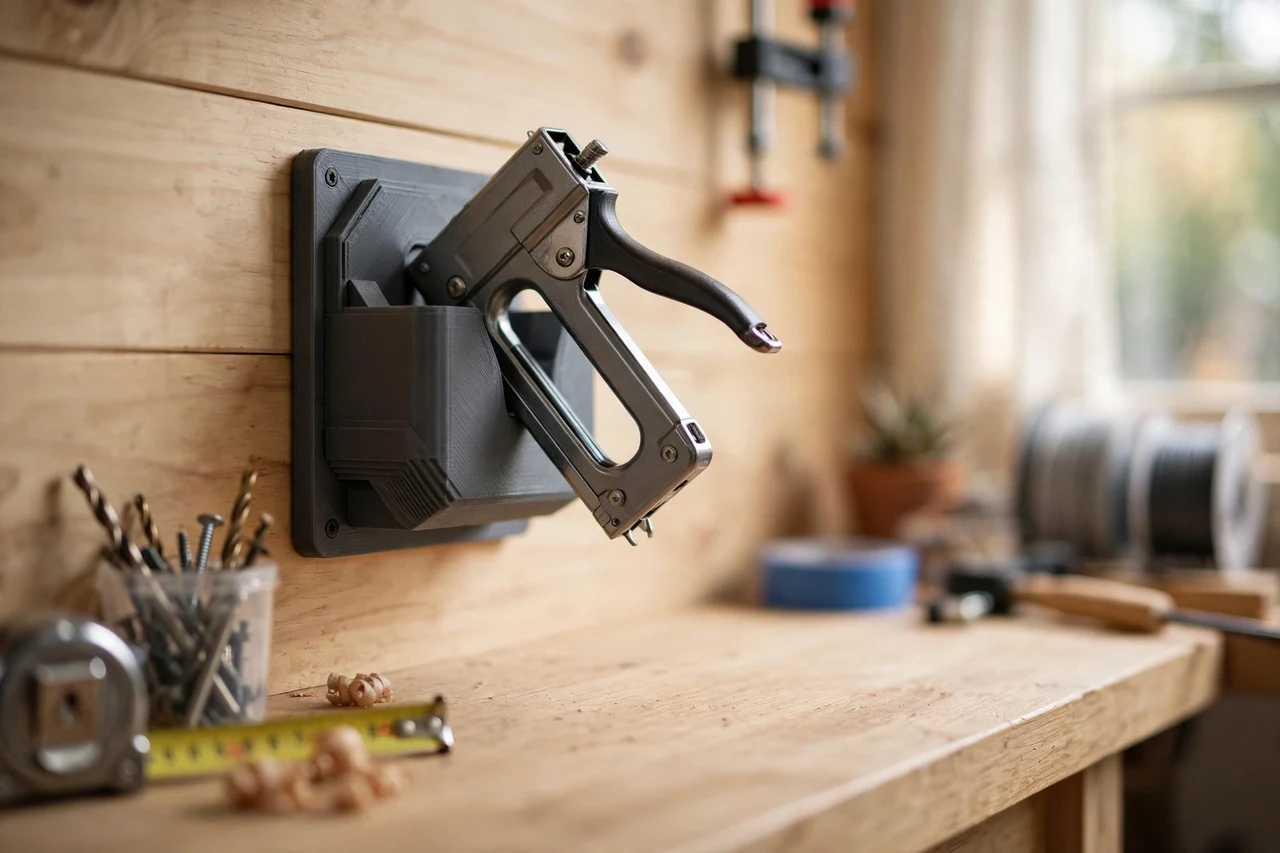 Home workshop scene on a light oak workbench, a matte charcoal-gray 3D printed staple gun wall dock holding a staple gun parked on the workshop wall, soft natural window light, shallow depth of field