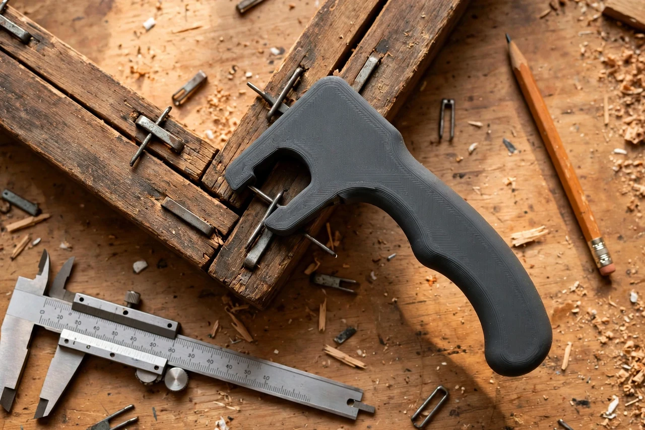 Close-up top-down view of a matte charcoal-gray 3D printed staple puller grip handle being test-fitted against staples left in a wooden furniture frame on a workbench, calipers and a pencil nearby, warm workshop lighting