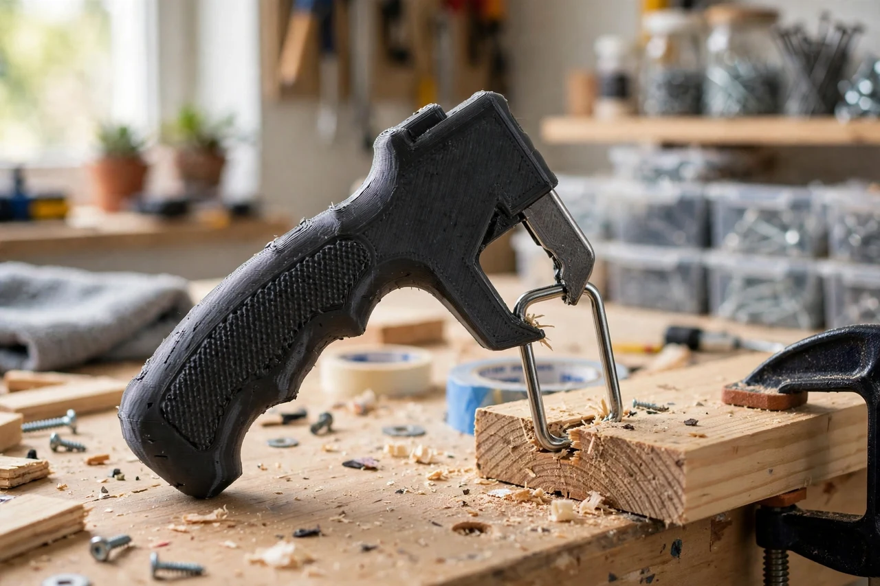 View of the finished 3D printed staple puller grip handle in use on a home repair project on a workbench, tidy workshop background in soft focus, bright natural light