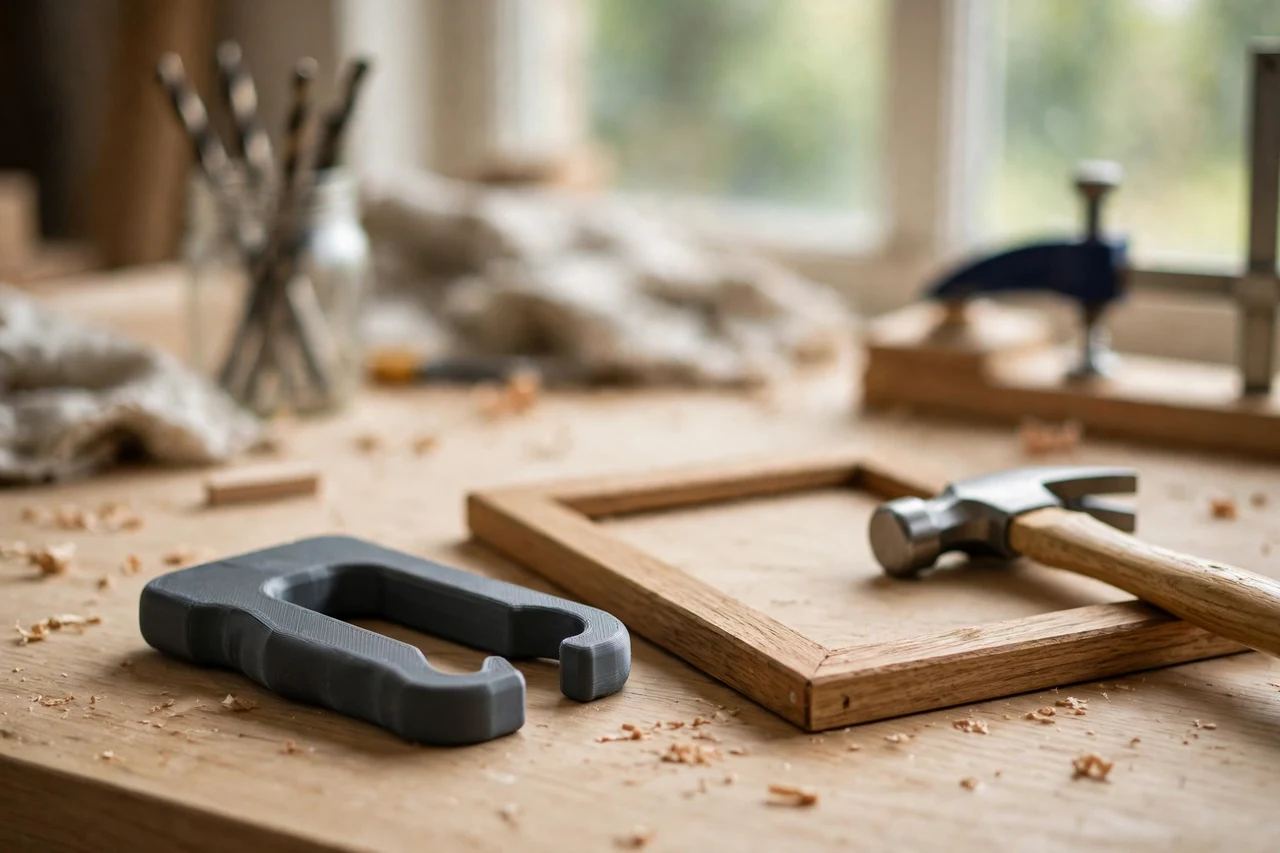 Home workshop scene on a light oak workbench, a matte charcoal-gray 3D printed staple puller grip handle beside a wooden frame and a small hammer, soft natural window light, shallow depth of field