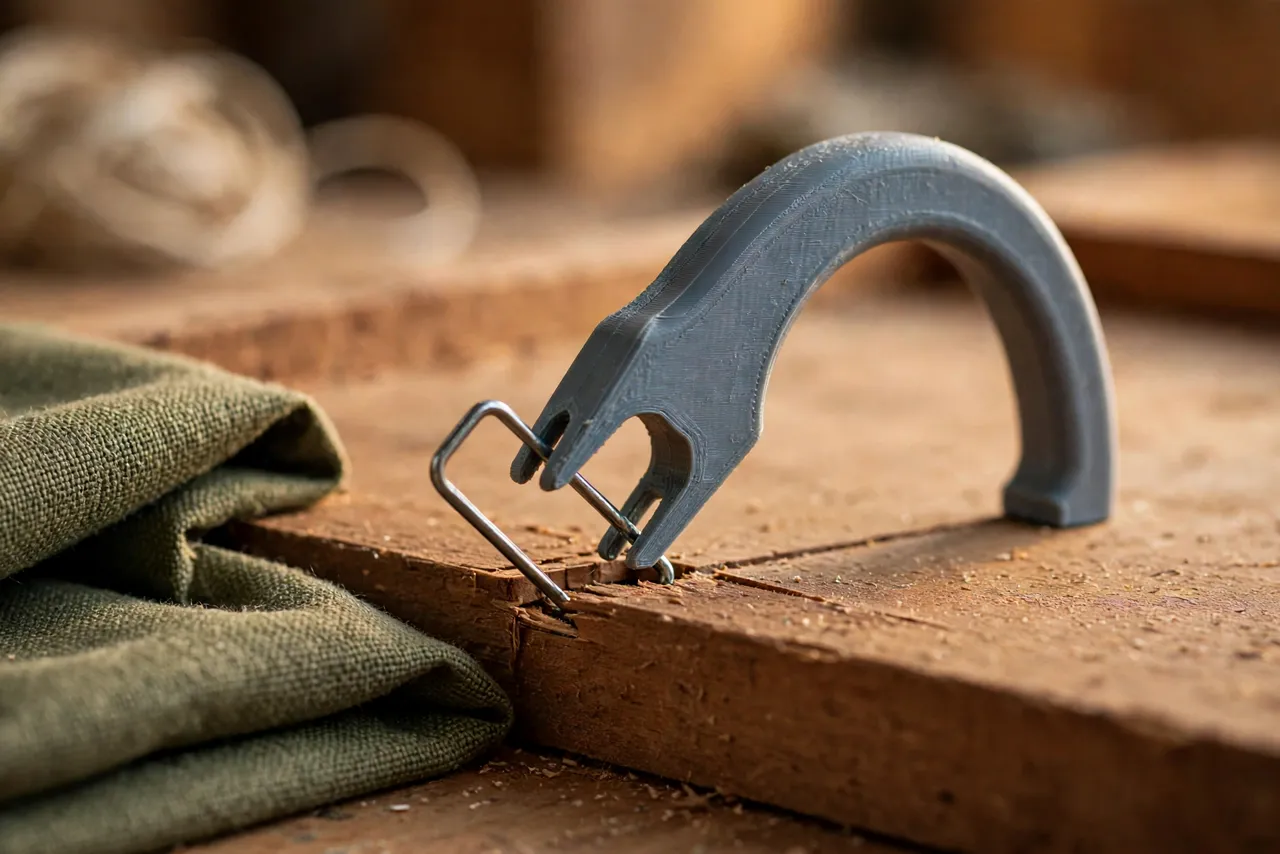 Close-up view of a 3D printed staple remover tool with a forked lifting tip and a curved handle