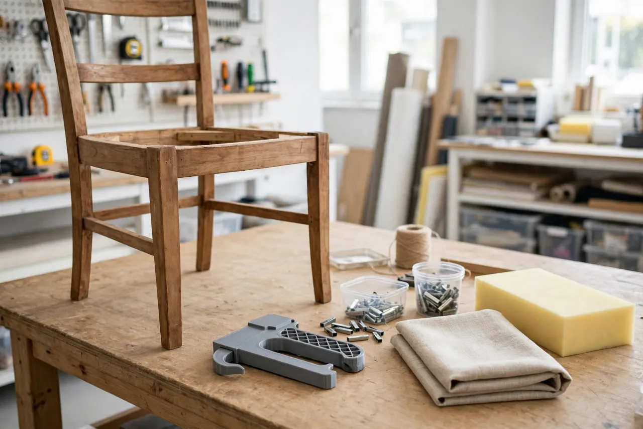 A reupholstery workbench scene with a wooden chair frame stripped clean of staples