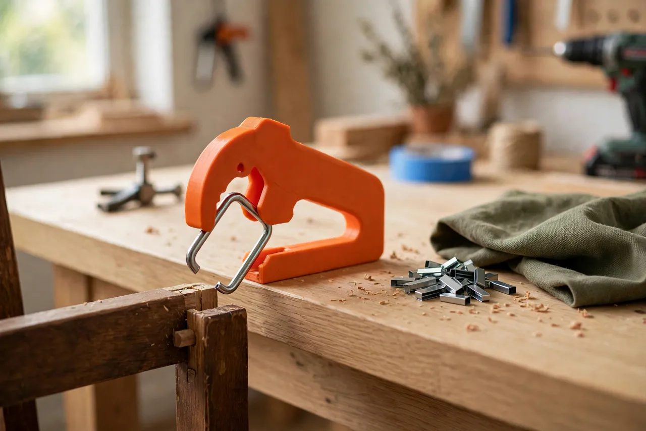A bright home workshop scene on a light oak workbench