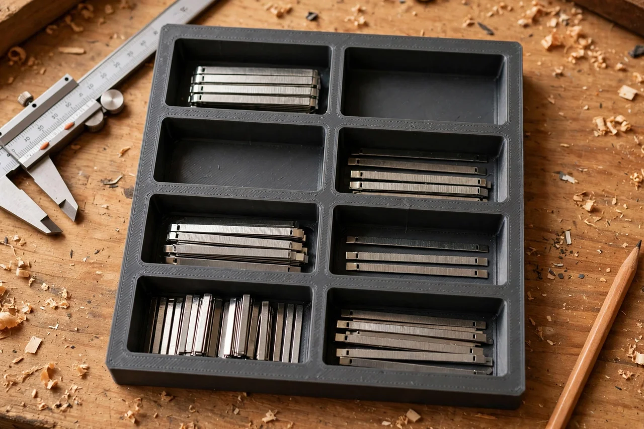 Close-up top-down view of a matte charcoal-gray 3D printed staple strip storage tray being test-fitted with staple strips for a staple gun on a workbench, calipers and a pencil nearby, warm workshop lighting