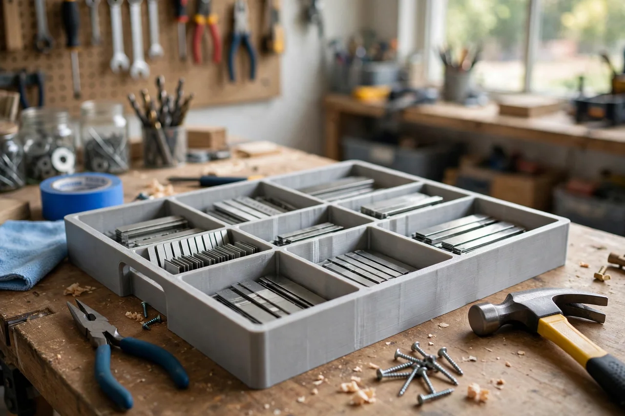 View of the finished 3D printed staple strip storage tray in use during a home repair tidy-up on a workbench, tidy workshop background in soft focus, bright natural light