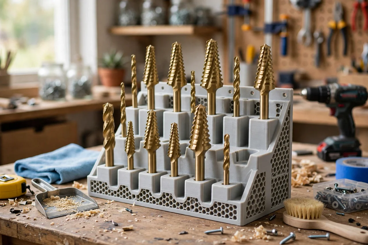 View of the finished 3D printed step drill bit wall panel in use during a home repair tidy-up on a workbench, tidy workshop background in soft focus, bright natural light